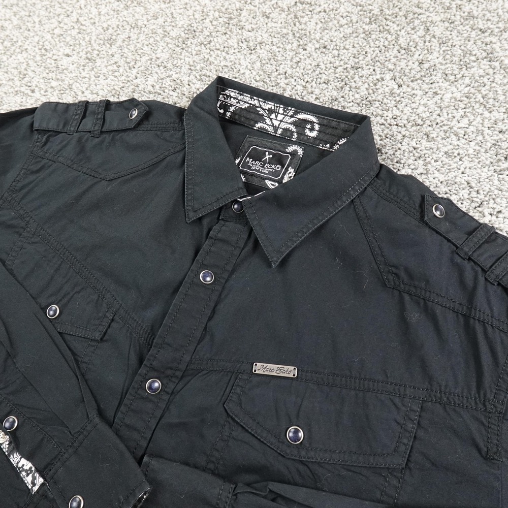 Marc Ecko Shirt Mens XL Black Western Pearl Snap Button Up‎ Military Utility Y2K